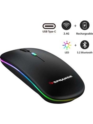 Sprange Kablosuz Mouse Bluetooth – Şarjlı, Type-C, Ergonomik, 500 Mah, 800/1200/1600 Dpı, LED Işık