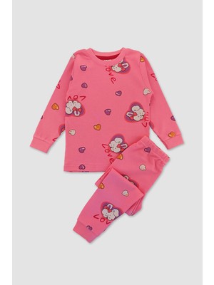 Elmas Kids Kız Çocuk Pamuklu Kalp ve Tavşan Desenli Pembe Uzun Kollu Pijama Takımı