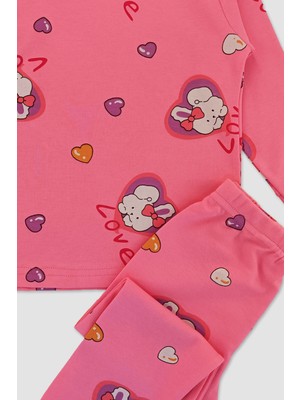 Elmas Kids Kız Çocuk Pamuklu Kalp ve Tavşan Desenli Pembe Uzun Kollu Pijama Takımı