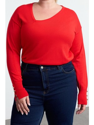FRM Kadın Moda Şık Büyük Beden Asimetrik Yaka Standart Kol Regular Kolları Düğmeli Triko Kazak