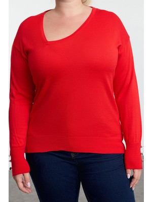FRM Kadın Moda Şık Büyük Beden Asimetrik Yaka Standart Kol Regular Kolları Düğmeli Triko Kazak