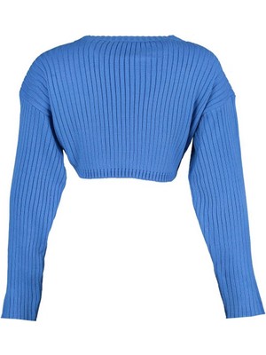 FRM Kadın Moda Şık Bisiklet Yaka Standart Kol Crop Süper Basic Triko Kazak