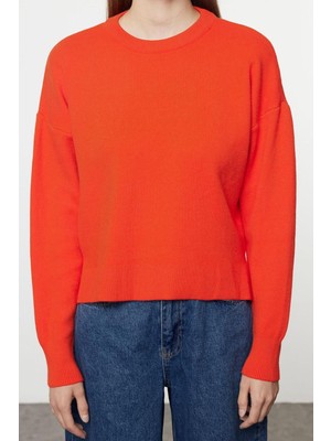 FRM Kadın Moda Şık Bisiklet Yaka Standart Kol Regular Geniş Kalıp Basic Özel Iplik Triko Kazak