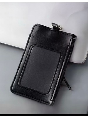Leather Dikey Siyah Kart Kılıfı Yaka Kartı Koruyucu Fermuarlı