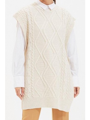 FRM Kadın Moda Şık Tesettür Bisiklet Yaka Düşük Kol Midi Beli Bağlamalı Saç Örgülü Triko Süveter