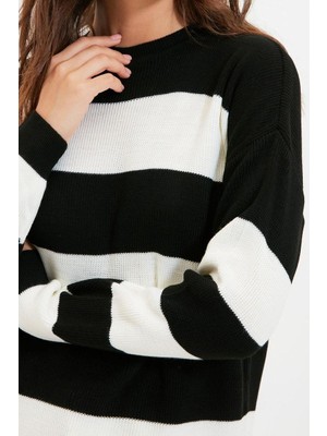 Ersefa Kadın Midi Düşük Kol Bisiklet Yaka Tesettür Çizgili Triko Kazak