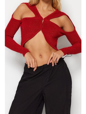 Ersefa Stil Modern Kadın Crop Standart Kol V Yaka Simli Cut Out Pencere Detaylı Triko Kazak