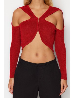 Ersefa Stil Modern Kadın Crop Standart Kol V Yaka Simli Cut Out Pencere Detaylı Triko Kazak