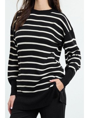 Ersefa Stil Modern Kadın Düşük Kol Dik Yaka Tesettür Çizgili Tek Plaka Triko Kazak