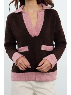 Ersefa Stil Modern Kadın Regular Standart Kol Polo Yaka Yumuşak Dokulu Renk Bloklu Triko Kazak