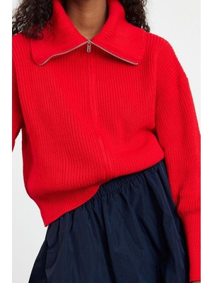 Ersefa Stil Modern Kadın Regular Düşük Kol Devrik Yaka Geniş Kalıp Fermuarlı Triko Hırka