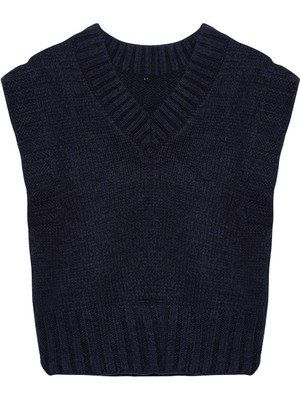 FRM Kadın Moda Şık V Yaka Standart Kol Crop Yumuşak Dokulu Triko Süveter