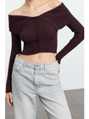 Ersefa Kadın Crop Standart Kol Carmen Yaka Özel Iplik Triko Hırka