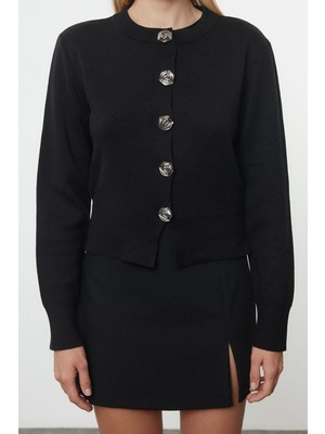 FRM Kadın Moda Şık Bisiklet Yaka Standart Kol Crop Özel Iplik Gül Düğme Ceket Görünümlü Triko Hırka