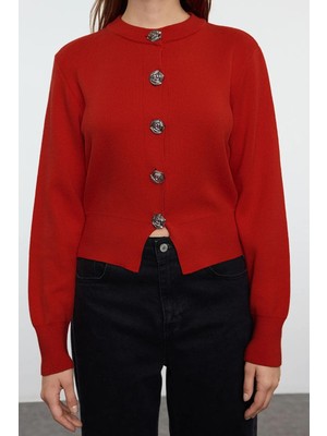 FRM Kadın Moda Şık Bisiklet Yaka Standart Kol Crop Özel Iplik Gül Düğme Ceket Görünümlü Triko Hırka