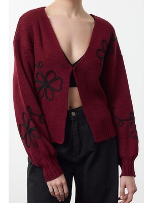 Ersefa Stil Modern Kadın Regular Standart Kol V Yaka Nakış Detaylı Triko Hırka