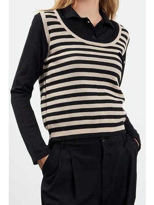 Ersefa Stil Modern Kadın Regular Standart Kol Polo Yaka Çizgili Dokuma Garnilli Triko Kazak