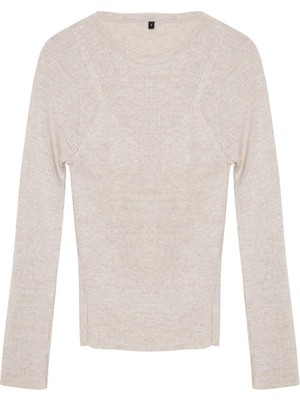 Kadın Moda Şık Bisiklet Yaka Standart Kol Regular Basic Ikili Triko Kazak