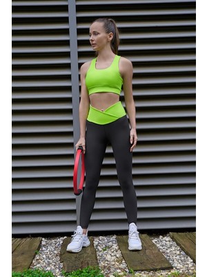 Lismina Beli Neon Yeşil Siyah Çapraz Bel Tasarımlı Spor Tayt