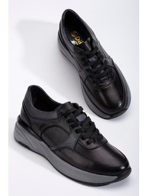 Dilimler Ayakkabı  Deri Ortopedik Erkek Günlük Ayakkabı Siyah Kalın Taban Bağlı