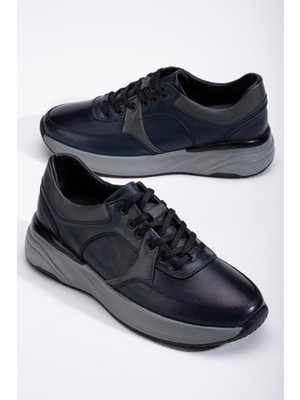 Dilimler Ayakkabı Deri Ortopedik Erkek Günlük Ayakkabı Lacivert Kalın Taban Bağlı