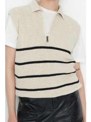 Ersefa Stil Modern Kadın Regular Standart Kol Polo Yaka Fermuarlı Çizgili Triko Süveter
