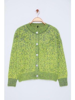 FRM Kadın Moda Şık Bisiklet Yaka Standart Kol Regular Yumuşak Dokulu Desenli Triko Hırka