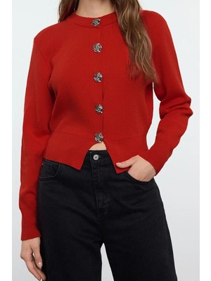 Ersefa Stil Modern Kadın Crop Standart Kol Bisiklet Yaka Özel Iplik Gül Düğme Ceket Görünümlü Triko Hırka