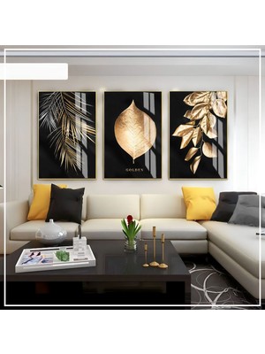 Harikabirev Siyah Gold  Yaprak  Seti  Çerçeveli Cam Tablo 3'lü