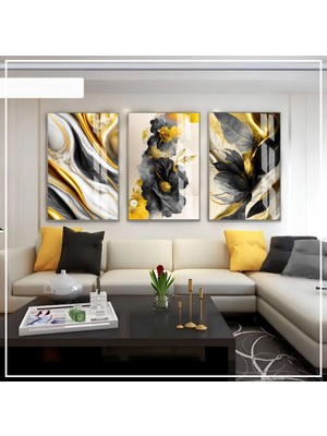 Harikabirev Siyah Gold Renk Soyut Çiçek Seti  Çerçeveli Cam Tablo 3'lü
