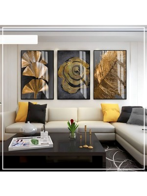 Harikabirev Gri Siyah Gold  Renk Soyut Yaprak Seti  Çerçeveli Cam Tablo 3'lü