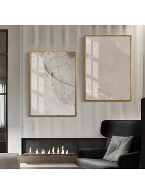 Harikabirev Gri Gold Desenli Soyut Kombini 00 Çerçeveli Cam Tablo  2'li