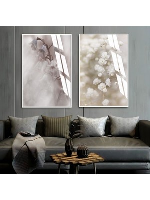Harikabirev Soft Beyaz Çiçek Modeli  Çerçeveli Cam Tablo  2'li