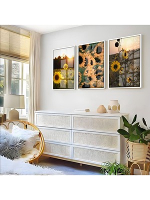 Harikabirev Sarı Yeşil Ayçiçek Kombini  Çerçeveli Cam Tablo  3'lü
