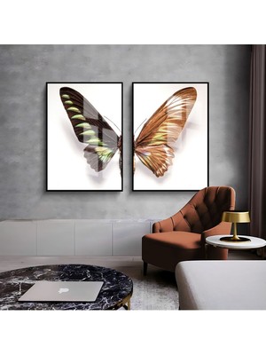 Harikabirev Beyaz Gold Kelebek Kanatları Kombini  Çerçeveli Cam Tablo  2'li