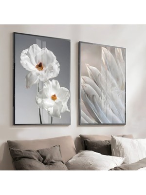 Harikabirev Gri Beyaz Renk Sevilen Çiçek Tüy Kombini  Çerçeveli Cam Tablo  2'li
