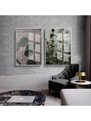 Harikabirev Yeşil Yaprak Dalları Kombini  Çerçeveli Cam Tablo  2'li