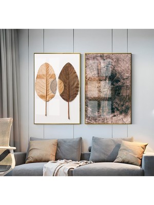 Harikabirev Kütük Ve Sonbahar Yaprakları Kombini  Çerçeveli Cam Tablo  2'li