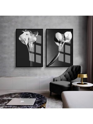 Harikabirev Siyah Beyaz Çiçek Ombini  Çerçeveli Cam Tablo  2'li
