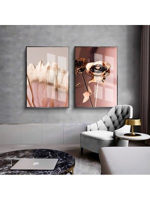 Harikabirev Rosegold Gül & Tüy Kanat Kombini  Çerçeveli Cam Tablo  2'li