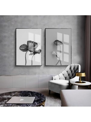 Harikabirev Gri Siyah Çiçek Kombini  Çerçeveli Cam Tablo  2'li