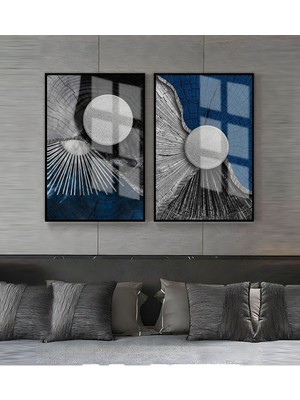 Harikabirev Lacivert Gümüş Sevilen Soyut Kombin Çerçeveli Cam Tablo  2'li