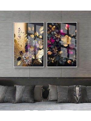 Harikabirev Siyah Gold  Soyut Çiçek Demeti Motifi  Çerçeveli Cam Tablo  2'li