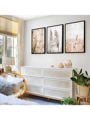 Harikabirev Krem Beyaz Soft Çiçek Manzara Kombini 05  Çerçeveli Cam Tablo  3'lü