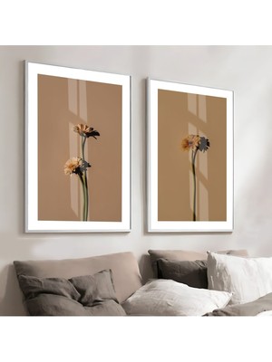 Harikabirev H&Krem Soft Renk Papatya Çiçeği  Çerçeveli Cam Tablo  2'li