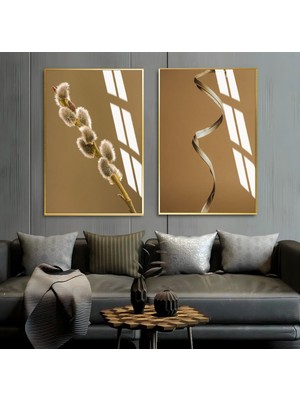 Harikabirev Kahverengi Soyut Bitki Kombini  Çerçeveli Cam Tablo  2'li