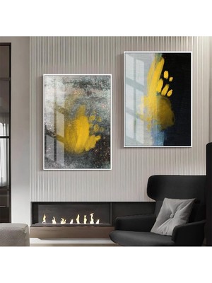 Harikabirev Gold Gri Siyah Desenli Soyut Kombini  Çerçeveli Cam Tablo  2'li