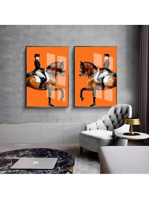 Harikabirev Turuncu Kahverengi Kadın Ve At Kombini  Çerçeveli Cam Tablo  2'li