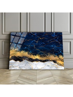 Harikabirev Kırılmaz Cam (Temperli) Mavi-Gold Soyut Tablo 01