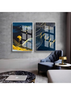 Harikabirev Lacivert Gold Kuşlar Ve Doğa Manzara Kombini  Çerçeveli Cam Tablo  2'li